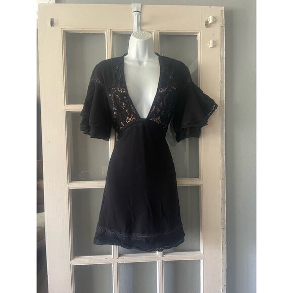 For Love and Lemons Carmine Black Lace Ruffle Sleeve Cami Mini Dress - Picture 5 of 8